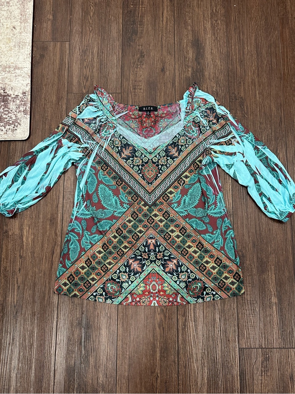 Floral Geo Print Aqua Peasant Top
